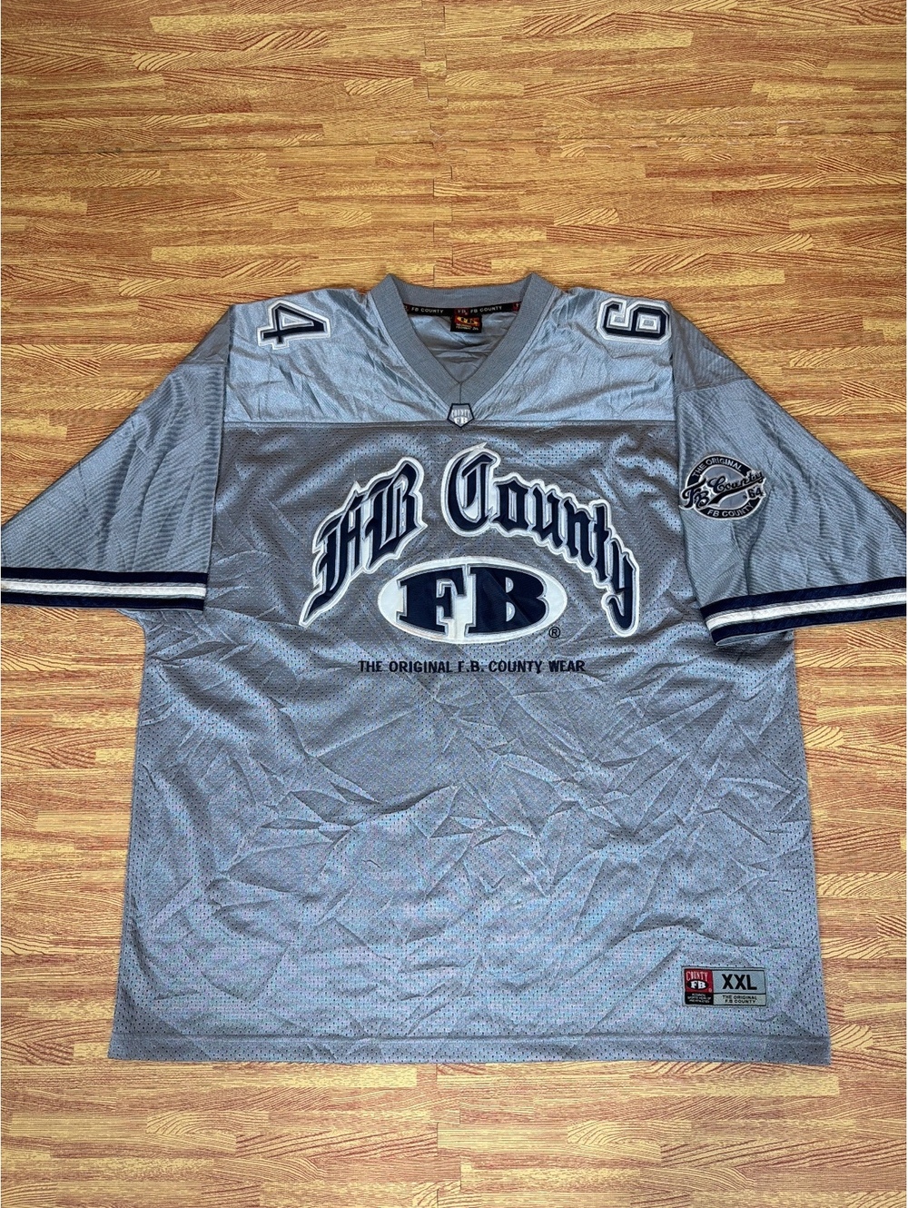 FB County Men's Football Jersey 2XL Gray Navy Mesh Embroidered 64